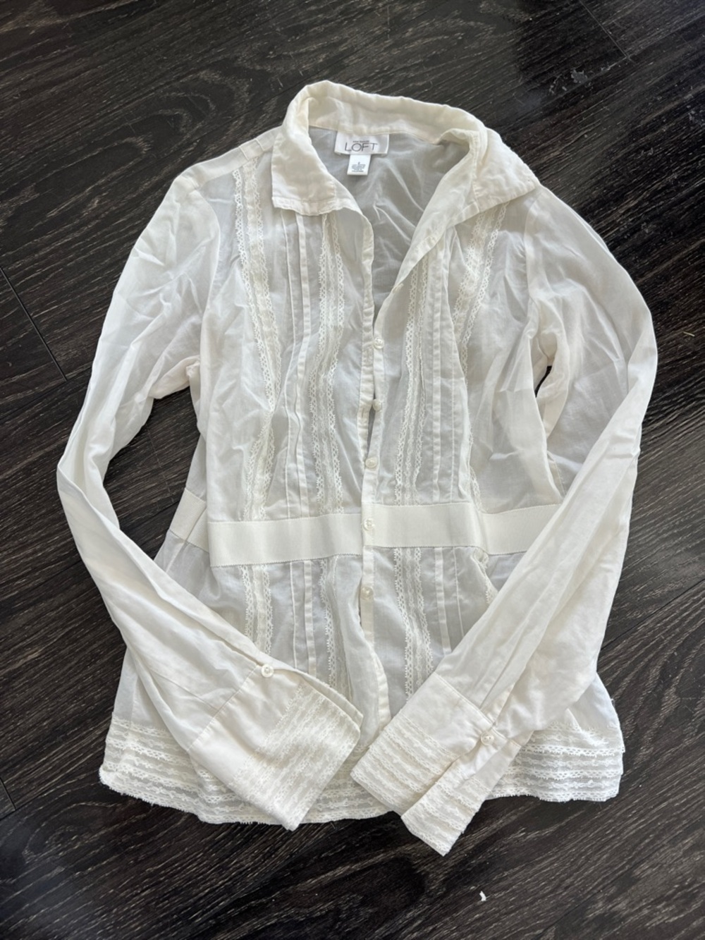 LOFT White Lace-Trim Button-Front Blouse